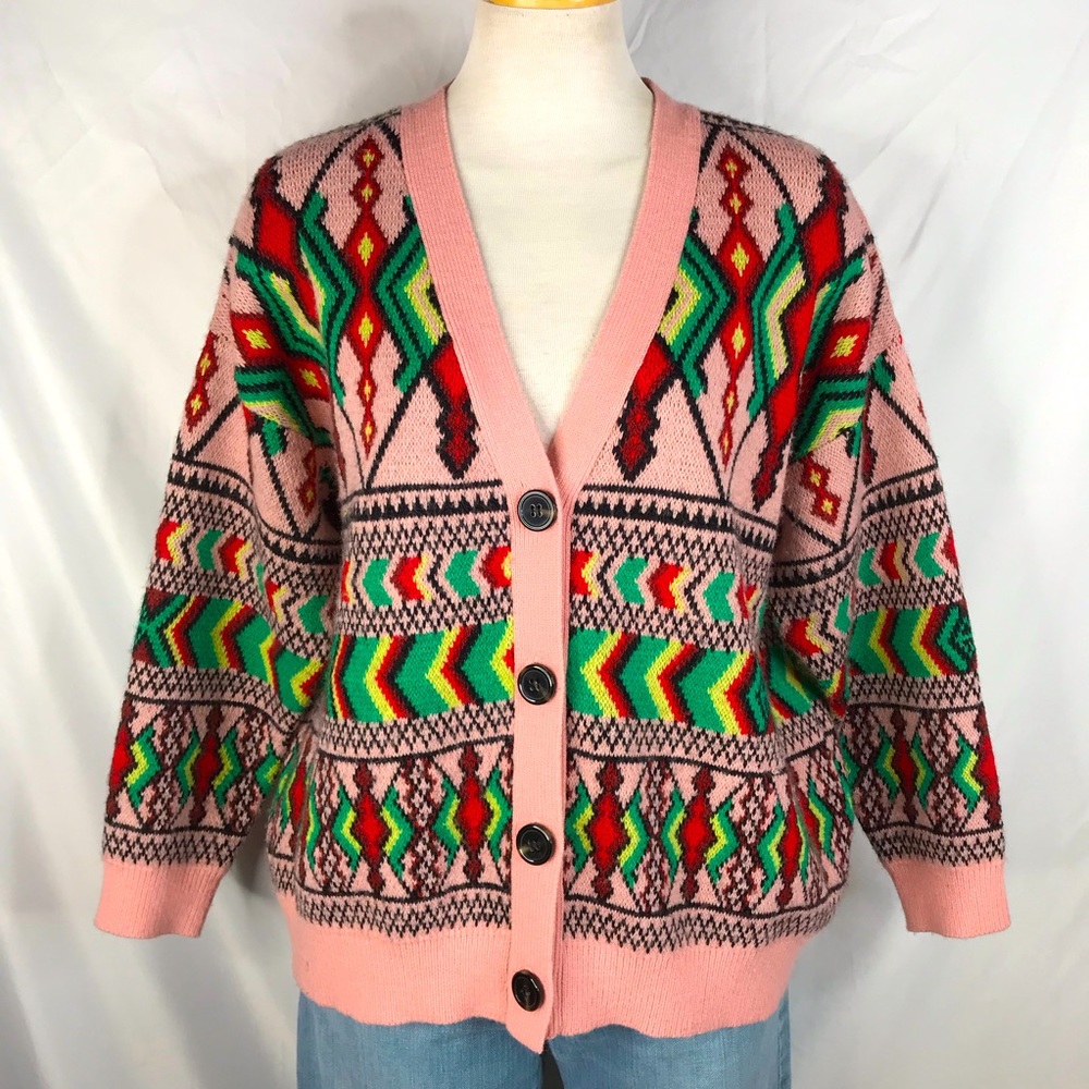 Farm Rio size S pink red green zigzag cardigan sweater